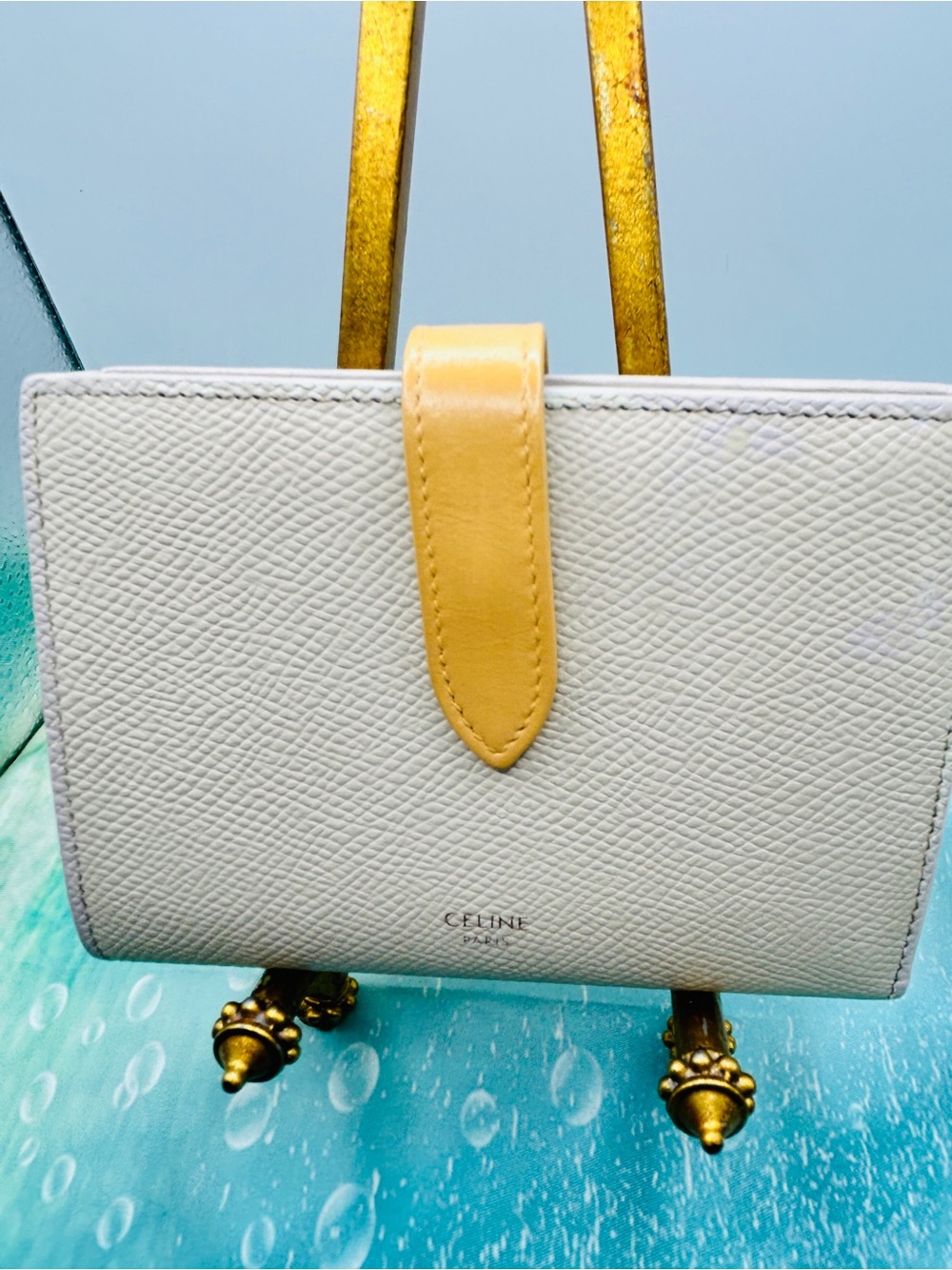 Celine Elegant Cream Leather Wallet with Mustard Tab Closure GC 4” x 5 1/2”